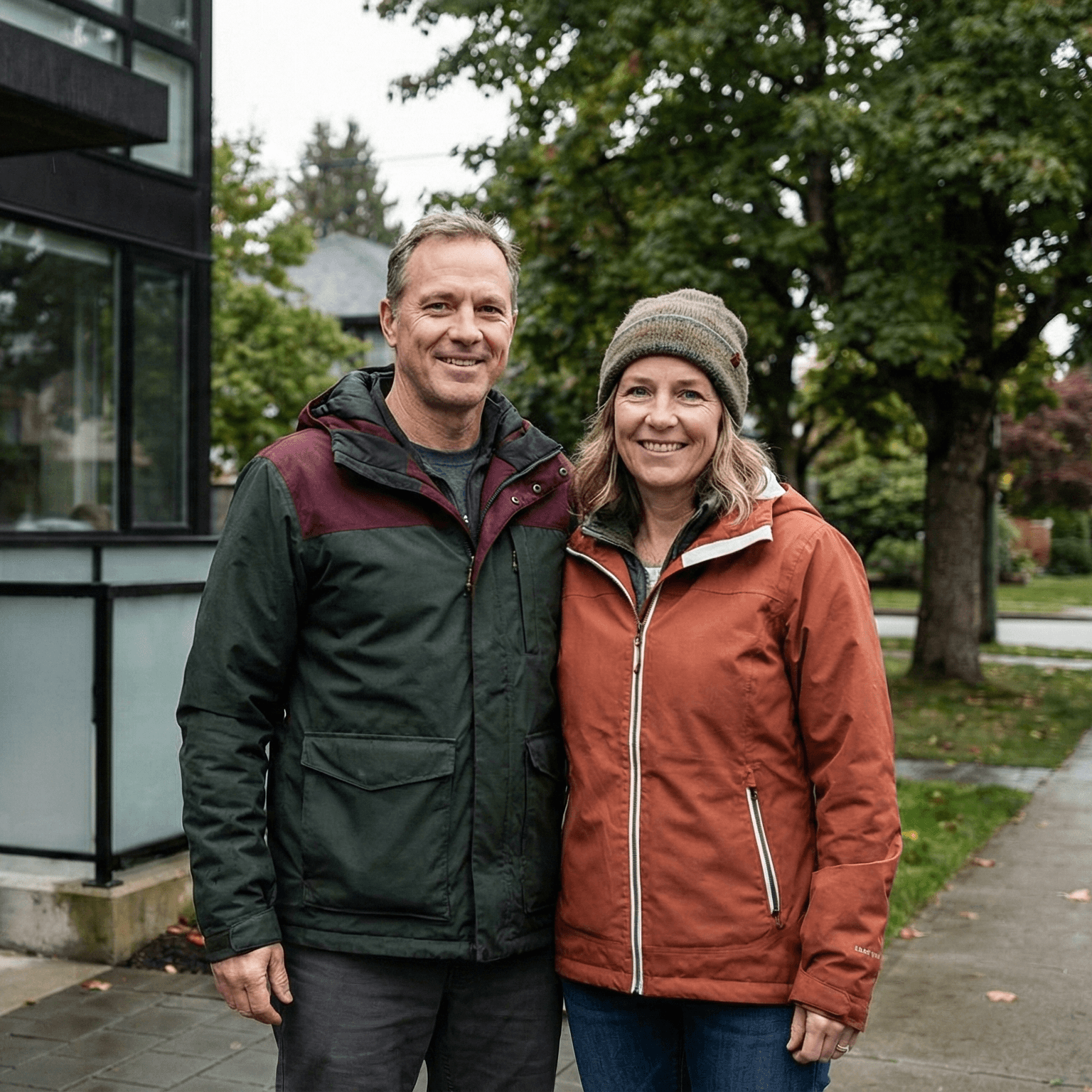 Self-employed fishing couple standing outside their new home in a BC suburb